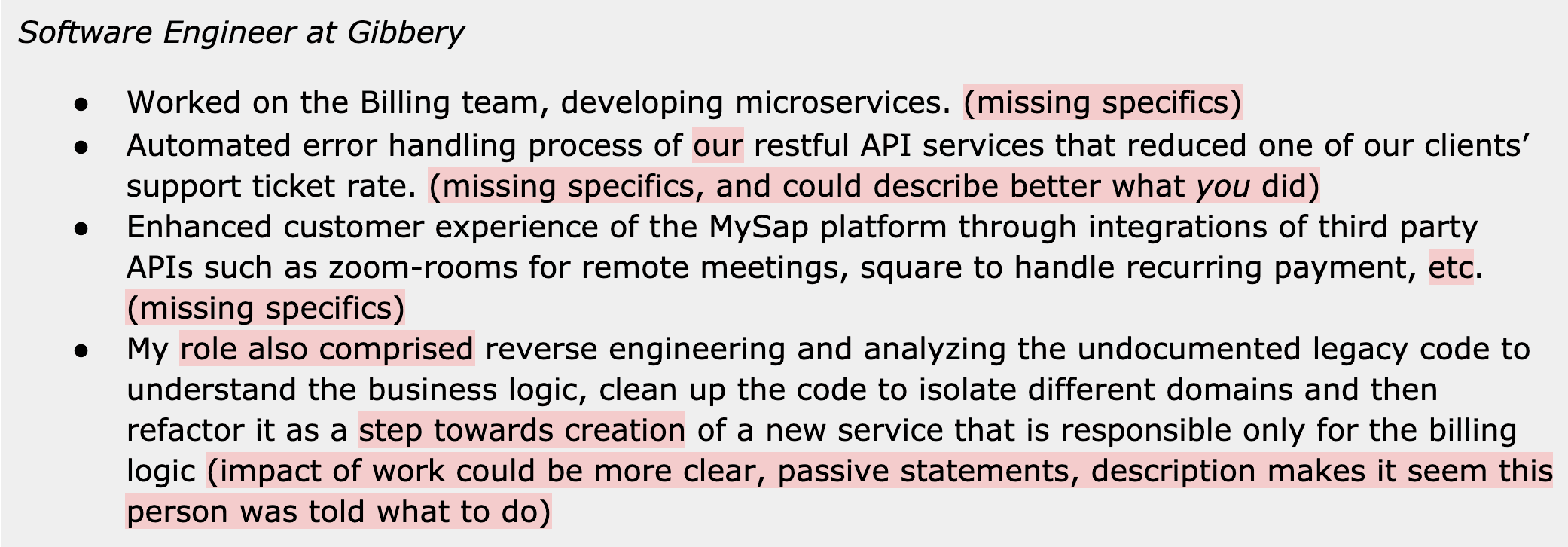 Image represents a text-based description of a software engineer's experience at Gibbery.  The main component is a bulleted list detailing four projects. The first bullet point describes working on the Billing team, developing microservices, but lacks specific details ('missing specifics'). The second bullet point details automating the error handling process for RESTful APIs, resulting in a reduced client support ticket rate, again lacking specific quantifiable results ('missing specifics, and could describe better what you did'). The third bullet point focuses on enhancing the MySap platform's customer experience through third-party API integrations (Zoom for meetings, Square for payments), again missing specific details ('missing specifics'). The final bullet point describes reverse engineering and analyzing undocumented legacy code to understand business logic, clean the code, isolate domains, and refactor it for a new billing service; however, feedback suggests the impact of this work needs clearer articulation and less passive phrasing ('impact of work could be more clear, passive statements, description makes it seem this person was told what to do').  The entire structure is a simple vertical list, with each bullet point describing a separate project and highlighting areas where more detail and active voice are needed.