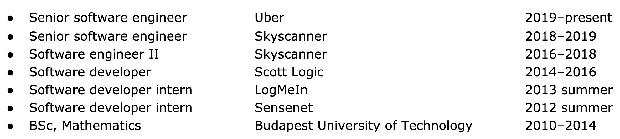 Image represents a bulleted list detailing a person's work experience and education.  The list is structured in three columns. The left column describes the job title or educational achievement, using bullet points for each entry.  These include 'Senior software engineer,' 'Software engineer II,' 'Software developer,' 'Software developer intern,' and 'BSc, Mathematics.' The middle column specifies the company or institution associated with each entry, listing 'Uber,' 'Skyscanner,' 'Scott Logic,' 'LogMeIn,' 'Sensenet,' and 'Budapest University of Technology.' The rightmost column indicates the time period for each role or education, providing specific years or ranges like '2019-present,' '2018-2019,' '2014-2016,' and '2010-2014,' with summer internships noted as such.  The arrangement shows a chronological progression, starting with education and moving to progressively more senior roles in the software engineering field.  There is no explicit information flow between the columns; rather, each row represents a discrete data point about a specific job or educational experience.