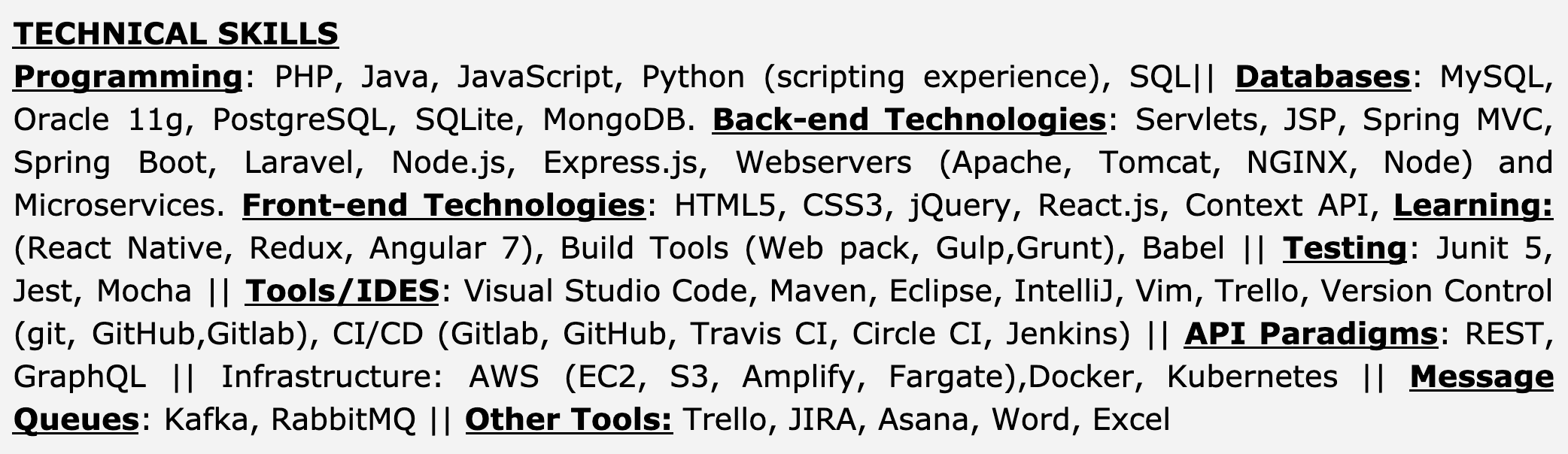 Image represents a categorized list of technical skills, arranged in a hierarchical structure.  The top-level category is 'TECHNICAL SKILLS,' followed by sub-categories such as 'Programming,' 'Databases,' 'Back-end Technologies,' 'Front-end Technologies,' 'Testing,' 'Tools/IDEs,' 'API Paradigms,' 'Message Queues,' and 'Other Tools.' Each sub-category lists specific technologies, tools, or methodologies. For example, 'Programming' lists PHP, Java, JavaScript, Python, and SQL; 'Databases' lists MySQL, Oracle 11g, PostgreSQL, SQLite, and MongoDB; 'Back-end Technologies' includes Servlets, JSP, Spring MVC, Spring Boot, and more; and 'Front-end Technologies' lists HTML5, CSS3, jQuery, React.js, and others.  The items within each category are separated by commas, and categories are separated by double vertical bars ('||').  There's also a 'Learning' sub-category under 'Front-end Technologies' indicating ongoing learning in React Native, Redux, and Angular 7.  The arrangement visually groups related skills, allowing for a quick overview of the candidate's expertise across various aspects of software development.