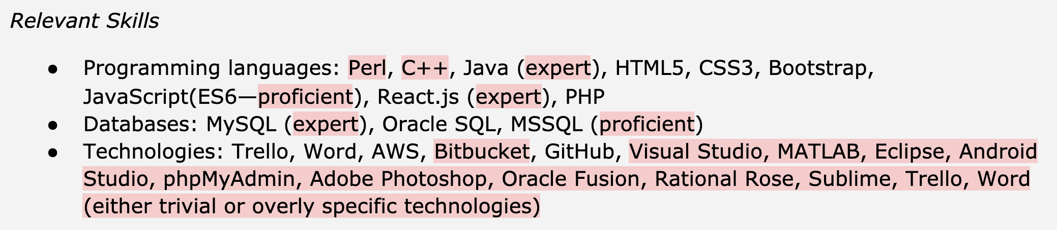 Image represents a section of a tech resume titled 'Relevant Skills,' which is organized into three bulleted lists. The first list details 'Programming languages,' including Perl, C++, Java (specified as 'expert'), HTML5, CSS3, Bootstrap, JavaScript (ES6—specified as 'proficient'), React.js (specified as 'expert'), and PHP.  The second list describes 'Databases,' listing MySQL (specified as 'expert'), Oracle SQL, and MSSQL (specified as 'proficient'). The third list covers 'Technologies,' encompassing Trello, Word, AWS, Bitbucket, GitHub, Visual Studio, MATLAB, Eclipse, Android Studio, phpMyAdmin, Adobe Photoshop, Oracle Fusion, Rational Rose, Sublime, Trello, and Word.  A parenthetical note at the end of the third list clarifies that some of the listed technologies might be considered 'either trivial or overly specific.'  The proficiency level (expert or proficient) is indicated for some programming languages and databases.  There is no explicit flow of information between the listed items; they are simply presented as a collection of skills.