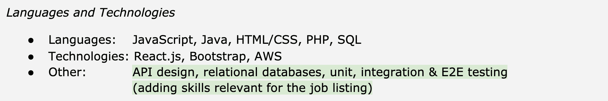 Image represents a section of a tech resume titled 'Languages and Technologies,' structured as a bulleted list.  The list is divided into three sections: 'Languages,' listing JavaScript, Java, HTML/CSS, PHP, and SQL; 'Technologies,' listing React.js, Bootstrap, and AWS; and 'Other,' which contains a highlighted phrase, 'API design, relational databases, unit, integration & E2E testing,' followed by the parenthetical note '(adding skills relevant for the job listing).'  The 'Other' section suggests the addition of skills tailored to a specific job application, implying a dynamic and adaptable approach to resume building.  There is no visual connection between the items in the list beyond their hierarchical arrangement under the main heading and subheadings.  No URLs or parameters are present.