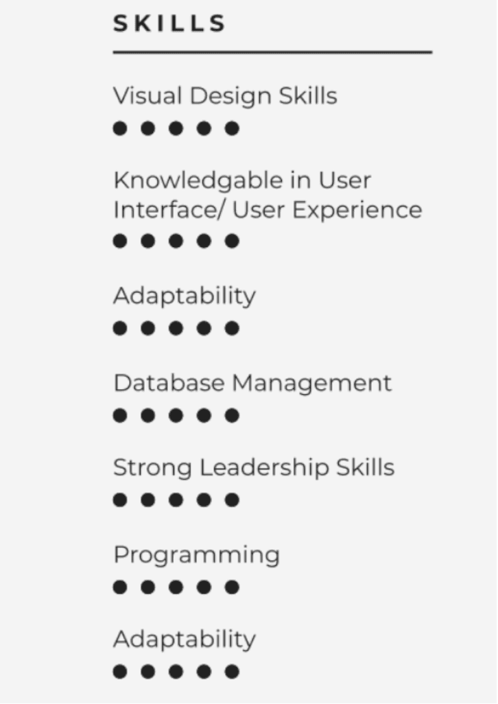 Image represents a skills section from a tech resume, organized vertically.  The section is headed by the word 'SKILLS' in a larger font size. Below this heading, several skill categories are listed, each followed by a row of filled black circles representing the proficiency level.  The categories are: 'Visual Design Skills' (with five circles), 'Knowledgeable in User Interface/User Experience' (with six circles), 'Adaptability' (with six circles), 'Database Management' (with six circles), 'Strong Leadership Skills' (with six circles), 'Programming' (with six circles), and 'Adaptability' (with six circles) again.  No other information, such as URLs or parameters, is present. The number of filled circles for each skill likely indicates the level of expertise, with more circles suggesting higher proficiency.  The skills are listed sequentially, with no explicit connections or hierarchical relationships shown between them.