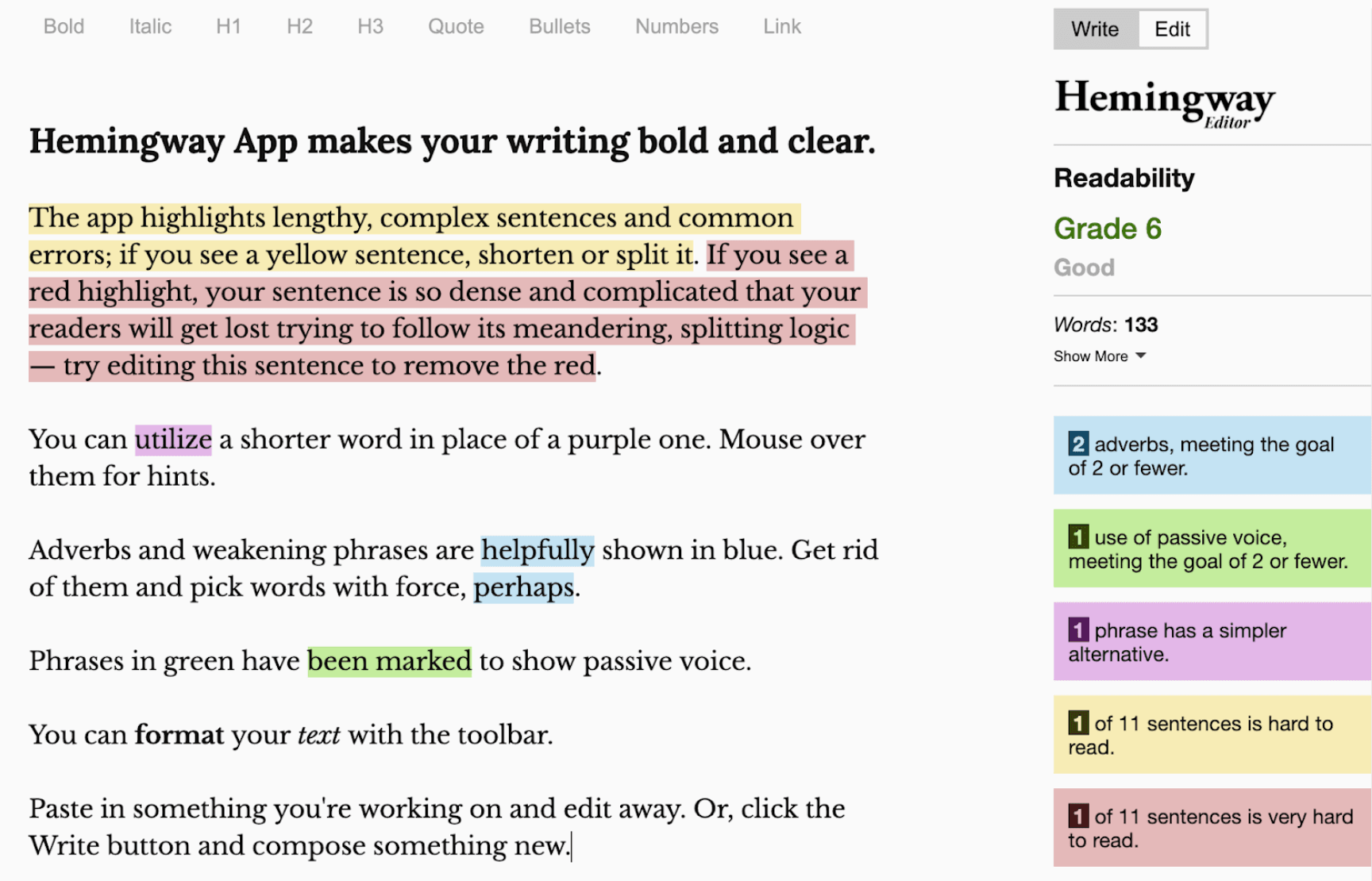 Image represents a screenshot of the Hemingway Editor app's interface. The left side displays instructional text explaining the app's functionality: it highlights lengthy/complex sentences in yellow and overly dense sentences in red, suggesting edits; it highlights adverbs and weakening phrases in blue, and passive voice phrases in green, offering suggestions for improvement. The text also explains how to use the toolbar for formatting and how to input and edit text. The right side shows a 'Readability' section, displaying a Grade 6 readability score, labeled 'Good,' and a word count of 133. Below this, color-coded boxes summarize the text's analysis: two boxes (light blue) indicate two adverbs, meeting a goal of two or fewer; one box (light green) shows one instance of passive voice, also meeting a goal of two or fewer; one box (light purple) indicates one phrase with a simpler alternative; and two boxes (light orange) show one sentence each categorized as hard and very hard to read, respectively. The numbers preceding each description in the boxes indicate the count of each issue identified. The overall layout is a simple two-column arrangement, with the instructions on the left and the analysis results on the right, clearly showing the app's feedback based on the input text.