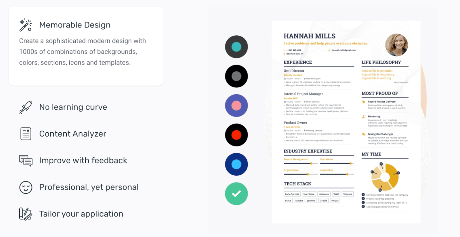 Image represents a tech resume template showcasing its features alongside a sample resume for Hannah Mills.  On the left, five key features are listed with icons: 'Memorable Design' (a magic wand icon) describes a template with thousands of customizable options; 'No learning curve' (a rocket icon) highlights ease of use; 'Content Analyzer' (a document icon) indicates a feature to optimize content; 'Improve with feedback' (a speech bubble icon) promises iterative improvement; and 'Professional, yet personal' (a smiley face icon) emphasizes the balance of formality and personality.  'Tailor your application' (a ruler and pencil icon) suggests customization. To the right, a sample resume displays Hannah Mills' contact information, a professional headshot, a 'Life Philosophy' section quoting Muhammad Ali, and an 'Experience' section detailing her roles at Altalife Limited, Sunrise HLP, and C Lab Services, each with dates, locations, and bullet points describing responsibilities.  An 'Industry Expertise' section shows her skills in Project Management, Organization, Operations, and Leadership using a bar graph. A 'Most Proud Of' section highlights achievements in record project delivery, mentoring, and tackling challenges.  A 'My Time' section uses a pie chart to illustrate time allocation. Finally, a 'Tech Stack' section lists various technologies (Zoho Sprints, UserVoice, Intercom, etc.) she's proficient in.  Five colored circles, visually connecting to the experience section, likely represent different projects or roles.  The overall arrangement is clean and visually appealing, demonstrating the template's features through a practical example.