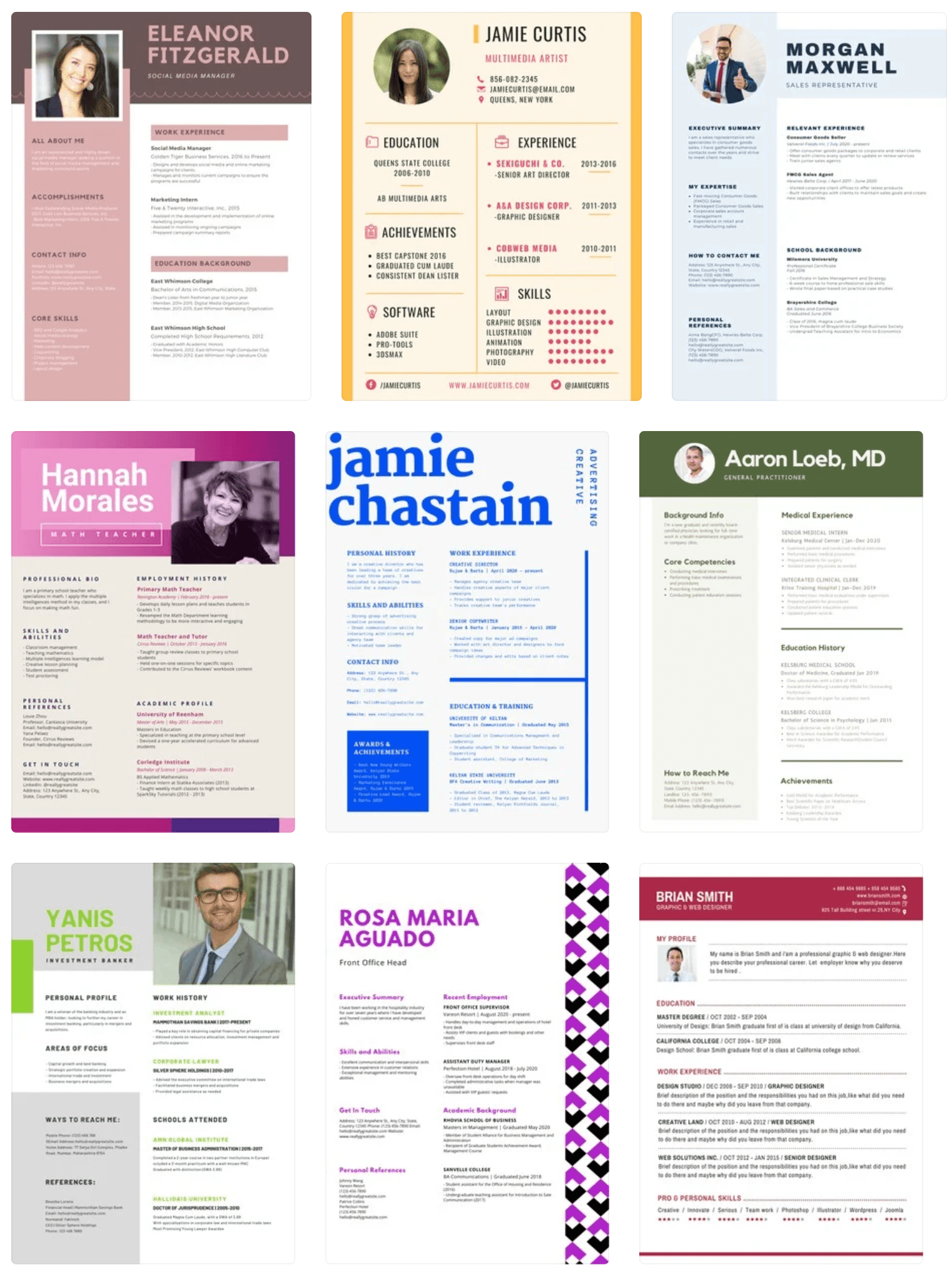 Image represents a collage of ten diverse resumes, each showcasing a different individual's professional profile.  Each resume is distinct in design and content, but all follow a similar structure including sections for personal information (name, contact details, photo), professional experience (job titles, company names, dates of employment), education (degrees, institutions), skills, and often additional sections like accomplishments, awards, or personal references.  The resumes are arranged in a grid-like fashion, with no explicit connections or information flow between them.  Specific details vary across the resumes, including the use of different fonts, color schemes, and layouts.  Some resumes include URLs (e.g., website addresses, email addresses) and parameters like dates and job titles, while others are more concise.  The overall impression is a collection of examples illustrating various styles and approaches to creating a visually appealing and informative tech resume.