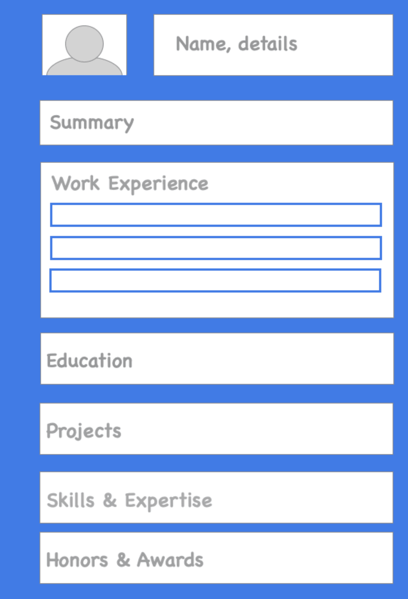Image represents a template for a tech resume, displayed on a solid light-blue background. At the top, a gray placeholder icon representing a person is positioned to the left of a text input field labeled 'Name, details'. Below this, a text input field is labeled 'Summary'. Further down, a section titled 'Work Experience' contains three consecutive, identical, empty text input fields, presumably for listing multiple work experiences. Following this, there are individual text input fields for 'Education', 'Projects', 'Skills & Expertise', and 'Honors & Awards', each stacked vertically below the previous one. All text input fields are rectangular with light-gray backgrounds and light-blue borders, suggesting areas to be filled with relevant information. The overall arrangement is linear and sequential, guiding the user to fill in personal information, followed by professional experience and achievements. No URLs or parameters are visible.