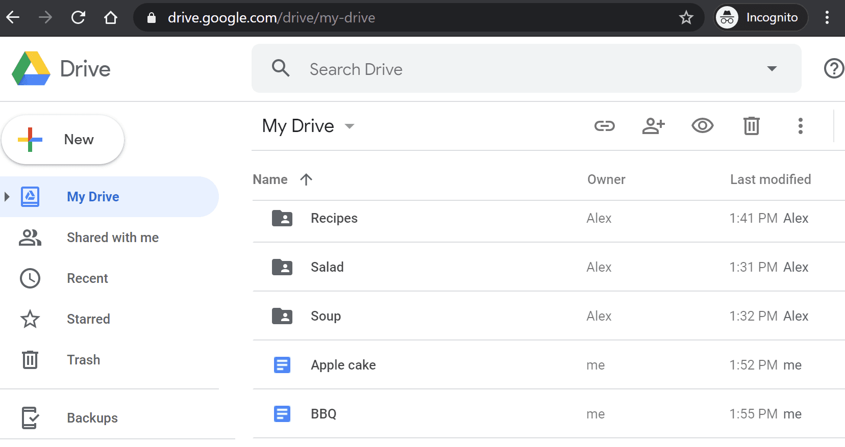Image represents a Google Drive interface displayed in an Incognito browser window. The top displays the URL `drive.google.com/drive/my-drive` within the address bar, along with standard browser controls. Below, the Google Drive logo and title are shown, followed by a 'New' button with a plus icon. A left-hand navigation pane lists options: 'My Drive' (selected), 'Shared with me,' 'Recent,' 'Starred,' 'Trash,' and 'Backups,' each accompanied by a relevant icon. The main area displays a list of files and folders within 'My Drive,' sorted by name in ascending order (indicated by an upward-pointing arrow). Each entry shows the file/folder name (e.g., 'Recipes,' 'Salad,' 'Apple cake'), the owner ('Alex' or 'me'), and the last modified timestamp (e.g., '1:41 PM Alex'). File types are visually distinguished by icons: folders are represented by folder icons with a person icon inside, while documents are represented by a list icon. At the top right of the main area, icons for sharing, adding collaborators, viewing, deleting, and more options are present. The browser's Incognito mode is indicated in the top right corner.