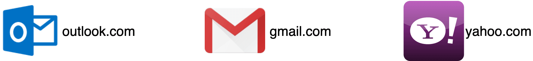 Image represents three distinct email service providers displayed side-by-side. The leftmost shows the Outlook.com logo, a stylized blue square with a white circle and an envelope icon partially overlaid, followed by the text 'outlook.com'. The center depicts the Gmail logo, a red and white envelope icon, accompanied by the text 'gmail.com'. Finally, on the right, a purple square logo featuring a white 'Y!' is presented, followed by the text 'yahoo.com'. There are no connections or information flow depicted between the three logos; they are simply presented as independent representations of different email platforms.