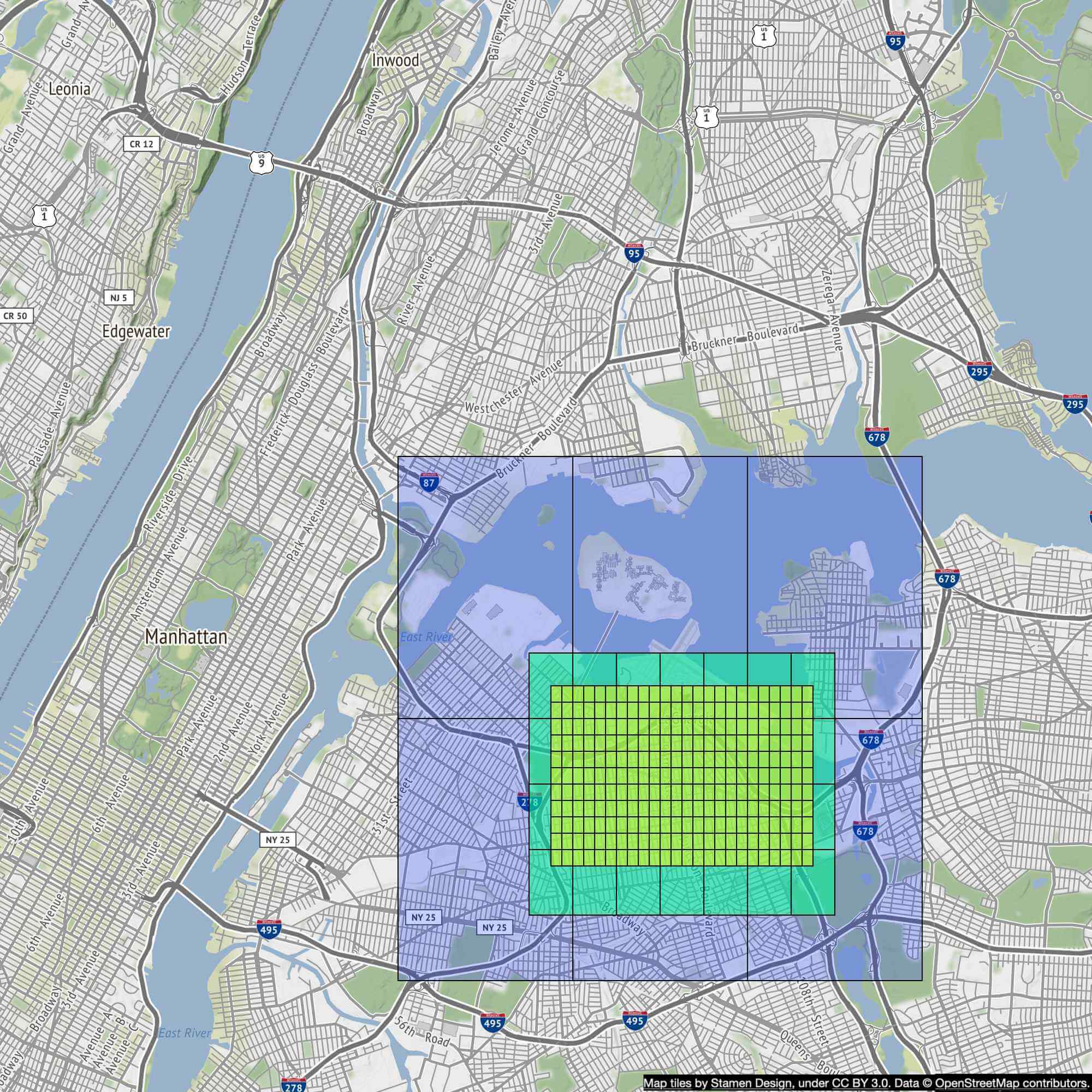 Image represents a map of a section of New York City, specifically focusing on a portion of Manhattan and its surrounding areas.  The main area of interest is highlighted by a large, light-blue rectangular box encompassing parts of the East River, and several neighborhoods. Within this larger box, a smaller, lime-green rectangular area is further highlighted, subdivided into a grid of numerous smaller, equally sized squares. This grid likely represents a spatial partitioning scheme, perhaps for data organization or analysis.  Major roadways and highways are clearly marked, including numbered routes such as US 9, I-95, I-278, I-495, and NY 25, along with other local streets and avenues.  The map also includes labels for geographical features like the East River and neighborhoods such as Manhattan, Edgewater, and Inwood. The bottom right corner displays attribution information: 'Map tiles by Stamen Design, under CC BY 3.0. Data © OpenStreetMap contributors,' indicating the source of the map data and its licensing.