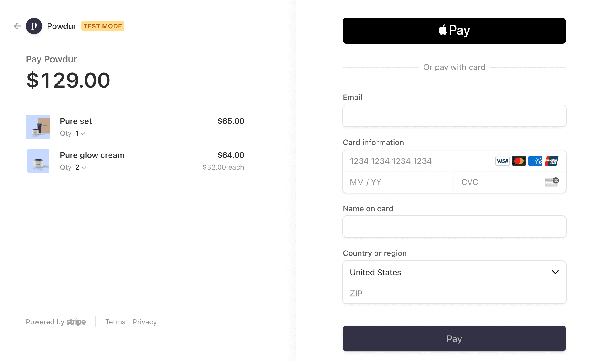 Image represents a web page displaying an online checkout process for a purchase from a store named 'Powdur'.  The left side shows the order summary, listing 'Pure set' (quantity 1, $65.00) and 'Pure glow cream' (quantity 2, $32.00 each, totaling $64.00). The total amount due is $129.00.  The bottom left corner displays 'Powered by Stripe,' indicating the payment processing service used.  'Terms' and 'Privacy' links are also present. The right side contains the payment information section.  It offers two payment options: Apple Pay (a button labeled 'Pay' with the Apple Pay logo) and payment by card.  The card payment option requires entering the email address, card number (partially shown as '1234 1234 1234 1234'), expiry date (MM/YY), CVC code, name on the card, country/region (with 'United States' selected), and ZIP code.  Various card logos (Visa, Mastercard, American Express, Discover, and UnionPay) are displayed, indicating accepted card types.  Two 'Pay' buttons are present, one for Apple Pay and another for card payments.  The top left corner shows a back arrow and the 'Powdur' logo, along with a 'TEST MODE' indicator.  No explicit data flow is visually represented, but the implied flow is that the order summary data is sent to the payment gateway (Stripe) upon clicking either 'Pay' button, along with the payment information entered by the user.