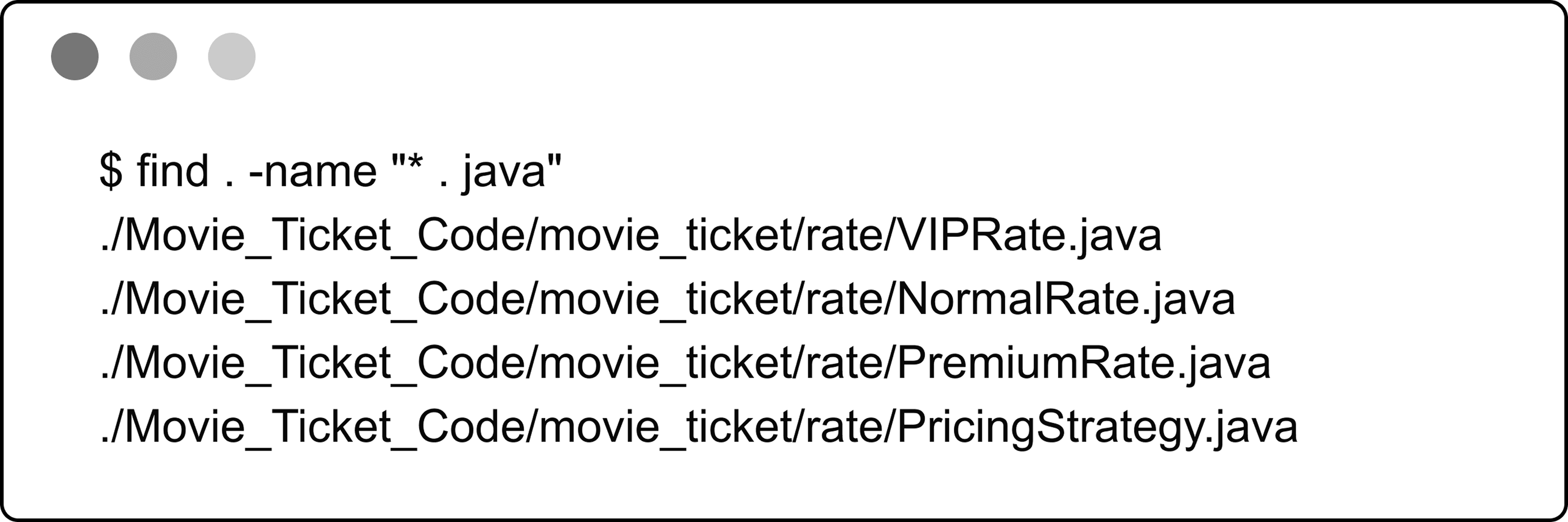Image represents a code snippet, likely from a build script or IDE, showing a search command.  At the top are three shaded circles, possibly representing progress or status indicators. Below this, the command `$ find . -name '*.java'` is displayed. This command instructs the `find` utility to search the current directory (`.`) for all files ending with `.java`. The subsequent lines list the results of this search, indicating the location of four Java files within a directory structure: `/Movie_Ticket_Code/movie_ticket/rate/VIPRate.java`, `/Movie_Ticket_Code/movie_ticket/rate/NormalRate.java`, `/Movie_Ticket_Code/movie_ticket/rate/PremiumRate.java`, and `/Movie_Ticket_Code/movie_ticket/rate/PricingStrategy.java`.  These files are likely related to movie ticket pricing, with each `.java` file potentially representing a different pricing strategy (VIP, Normal, Premium) and a PricingStrategy class managing them. The overall structure suggests a project organized using a package hierarchy within the `Movie_Ticket_Code` directory.