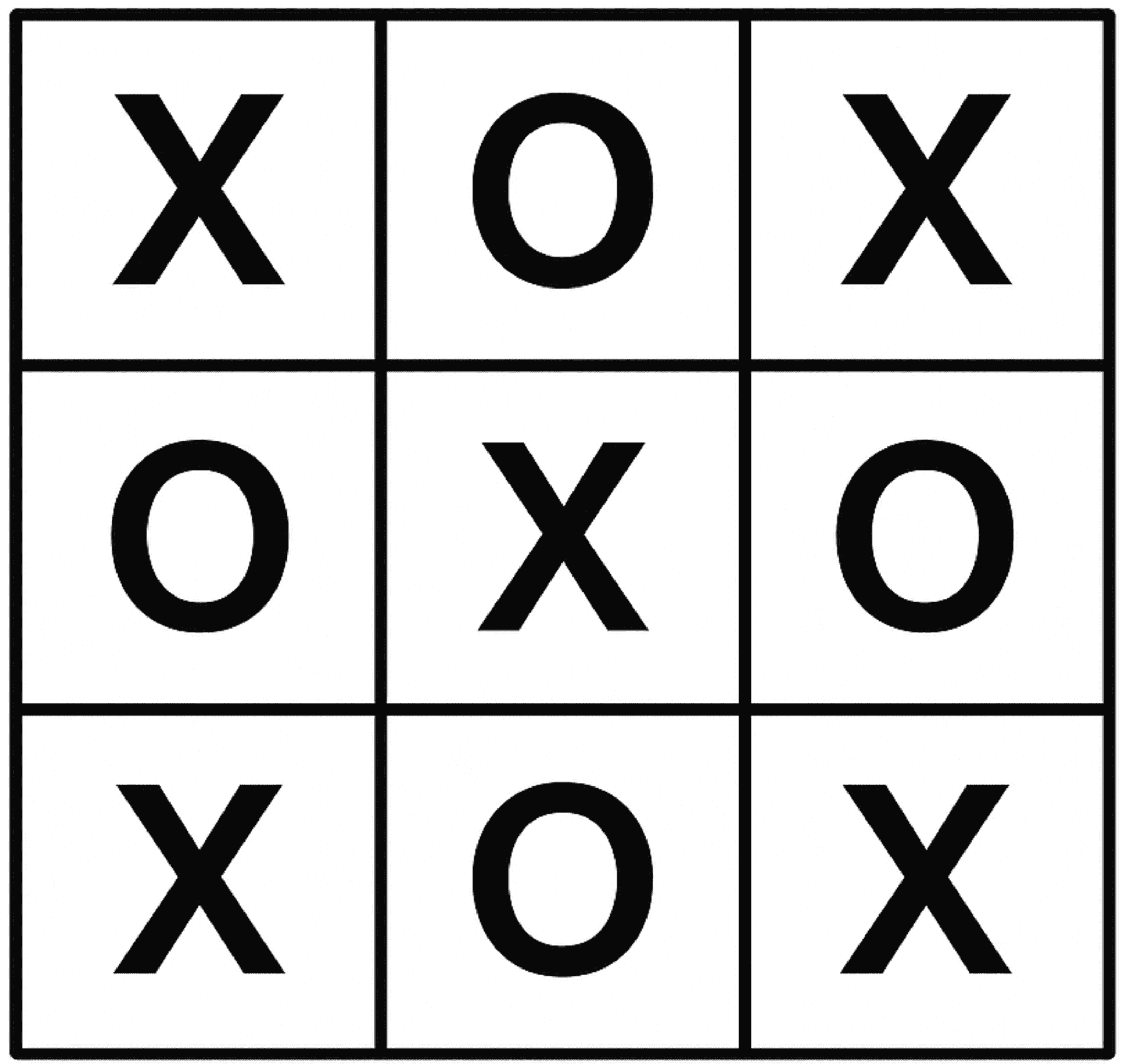 Image represents a 3x3 tic-tac-toe board showing a completed game. The board is composed of nine equal-sized squares arranged in a three-by-three grid, delineated by thick black lines. Each square contains either a bold, uppercase 'X' or a bold, uppercase 'O,' representing the moves of the two players. The arrangement of the symbols shows that 'X' has won the game, having three 'X's in a diagonal line from the top-left to the bottom-right. There is no other information, such as URLs or parameters, present in the image; it solely depicts the final state of a tic-tac-toe game.