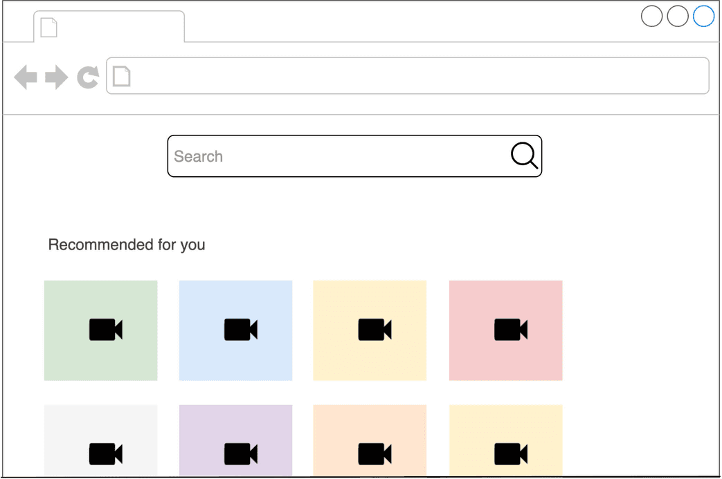 Image represents a simplified mockup of a webpage interface.  The top section displays standard browser controls: a back arrow, a forward arrow, a refresh button, a file upload icon, and a blank search bar with a magnifying glass icon to its right. Below the search bar, the text 'Recommended for you' precedes a grid of eight square thumbnails. Each thumbnail is a pastel color (light green, light blue, light yellow, light pink, white, light purple, cream, and pale yellow) and contains a black video camera icon, suggesting video content recommendations.  The overall layout is clean and minimalistic, typical of a user interface focused on content display and search functionality.  No URLs or specific parameters are visible.