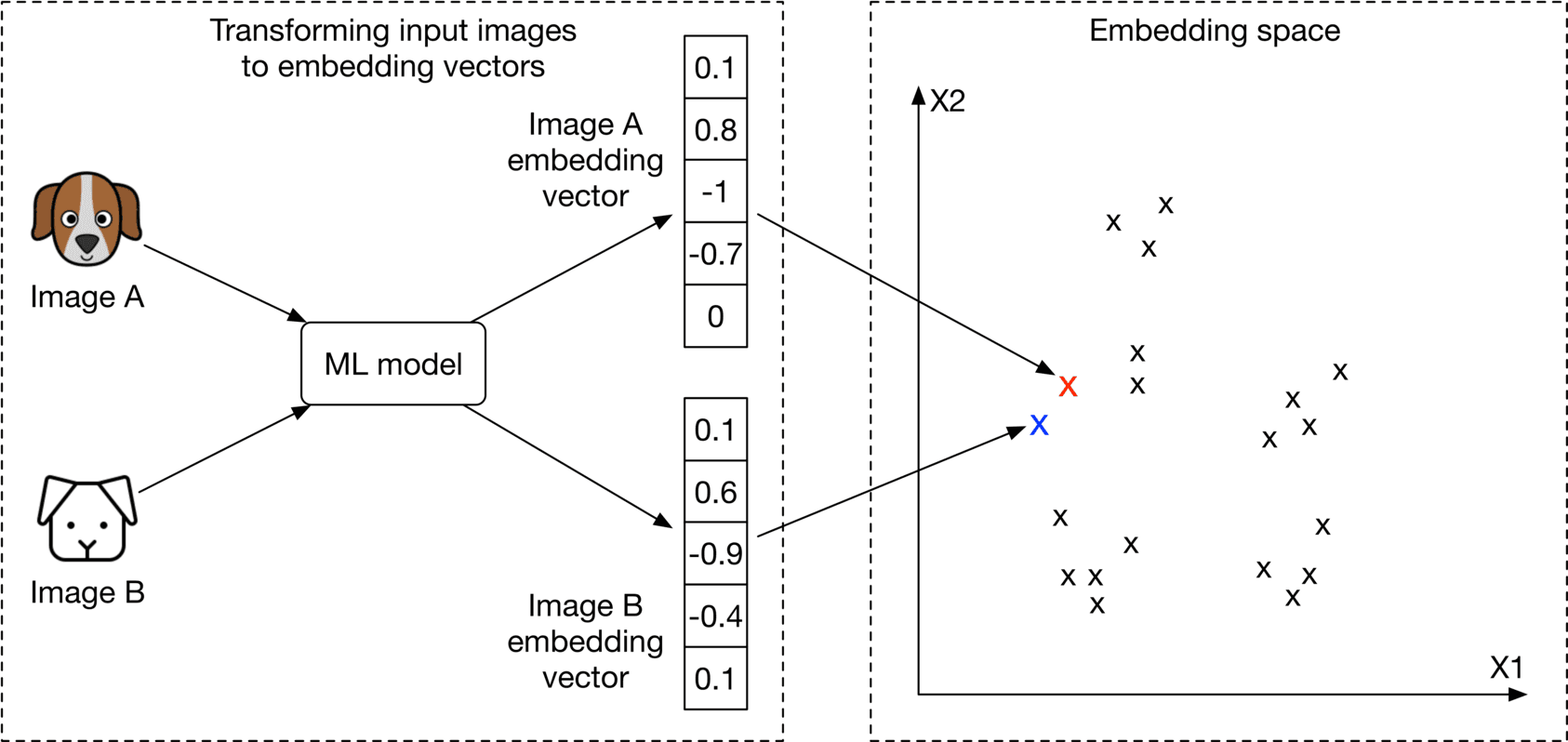 Image represents a machine learning model's process of transforming input images into embedding vectors and visualizing them in an embedding space.  Two input images, labeled 'Image A' (a cartoon of a brown and white dog) and 'Image B' (a cartoon of a white dog), are fed into an 'ML model.' This model processes each image and outputs a corresponding embedding vector.  These vectors are represented as numerical columns; Image A's vector shows values 0.1, 0.8, -1, -0.7, and 0, while Image B's vector displays 0.1, 0.6, -0.9, -0.4, and 0.1.  The embedding vectors are then plotted in a two-dimensional 'Embedding space' with axes X1 and X2.  Image A's embedding vector is plotted as a red 'x', and Image B's as a blue 'x'.  Numerous other data points, represented by black 'x's, are also present in the embedding space, suggesting other images processed by the same model. The diagram illustrates how the ML model maps similar images (both dogs) to nearby points in the embedding space.