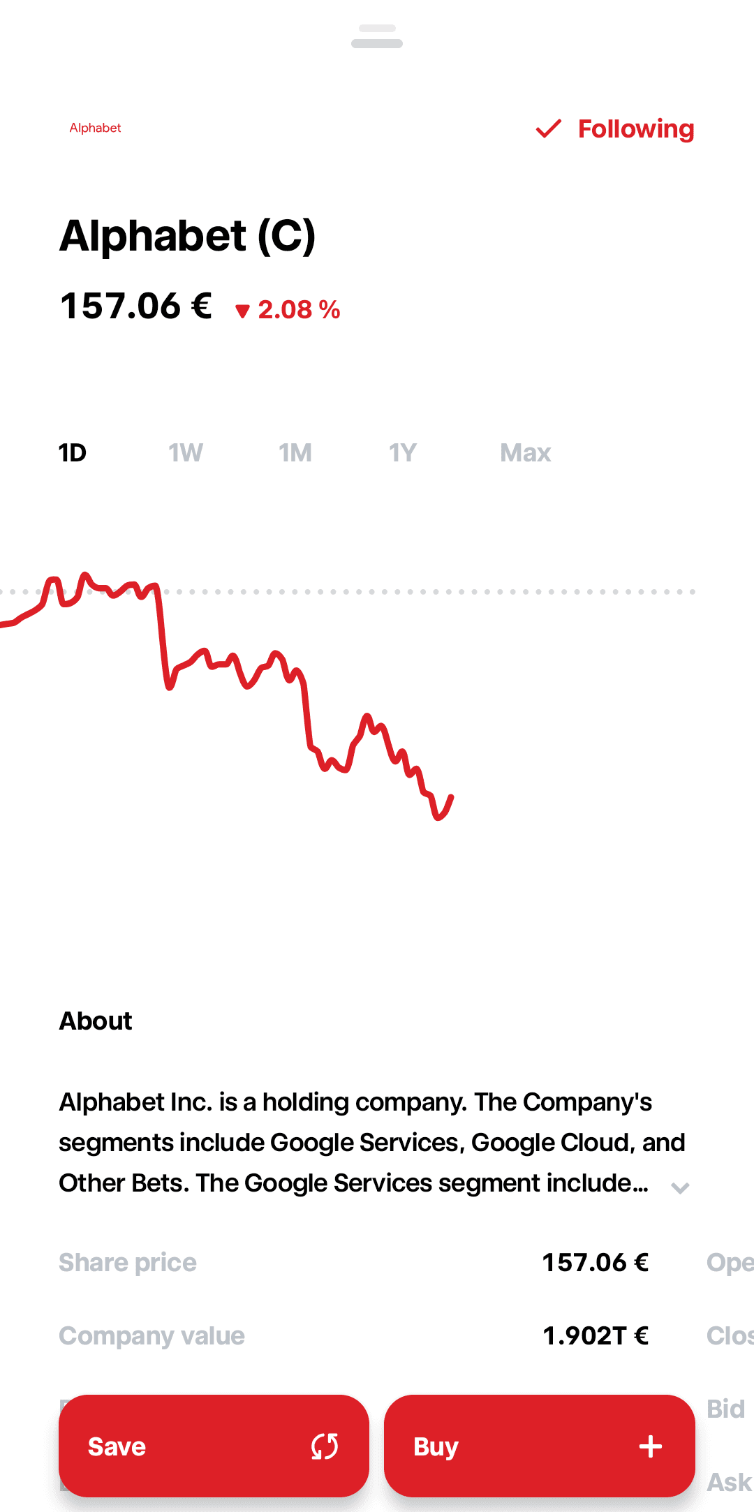Image represents a mobile application screen displaying real-time stock information for Alphabet (C). At the top, a menu icon (three horizontal lines) is present, along with a 'Following' indicator (a checkmark) suggesting the user is tracking this stock. Below, the company name 'Alphabet (C)' is prominently displayed, followed by its current share price ('157.06 โฌ') and a percentage change ('-2.08%') indicated in red, signifying a price decrease. A line graph immediately follows, showing the stock's price fluctuation over different time periods (1D, 1W, 1M, 1Y, Max), selectable by the user. Below the graph, a 'About' section provides a brief description of Alphabet Inc. as a holding company, listing its main segments (Google Services, Google Cloud, Other Bets), with an expandable section for more details. Further down, the 'Share price' (157.06 โฌ) and 'Company value' (1.902T โฌ) are shown. Finally, at the bottom, three interactive buttons are presented: 'Save' (presumably to save the stock to a watchlist), a refresh button (a circular arrow), and 'Buy' (to initiate a purchase), accompanied by a plus icon suggesting adding to an existing order. The overall layout is clean and intuitive, providing a concise overview of Alphabet's stock performance and relevant information.