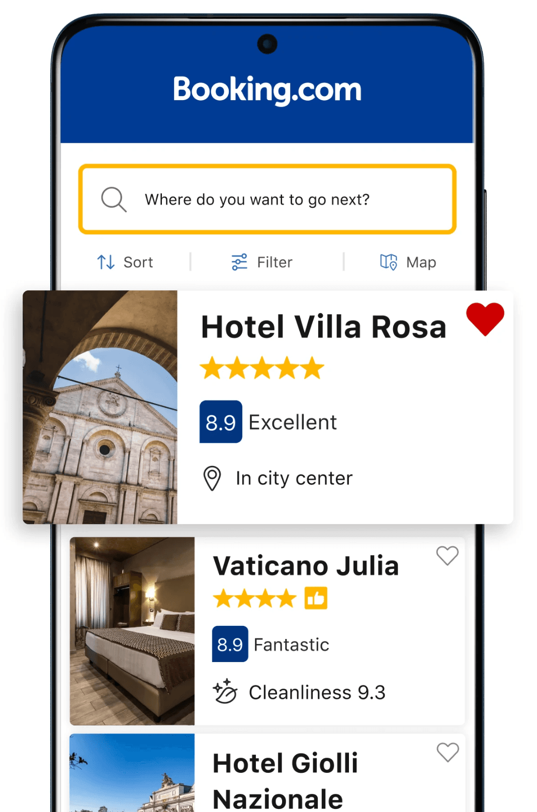 Image represents a mobile phone screen displaying the Booking.com website. At the top, a blue header shows 'Booking.com' prominently. Below, a search bar prompts 'Where do you want to go next?'. Beneath the search bar are three horizontally aligned buttons: 'Sort,' 'Filter,' and 'Map,' each with corresponding icons. The main content area displays a list of hotels. Each hotel entry includes a small image, the hotel name (e.g., 'Hotel Villa Rosa'), a star rating (five stars in this case), a numerical rating (e.g., '8.9'), a descriptive adjective (e.g., 'Excellent'), and additional details like location ('In city center') or specific features ('Cleanliness 9.3'). A heart icon appears next to each hotel entry, presumably for saving favorites. The hotels are listed vertically, one after another, with each hotel's information presented in a consistent format. No URLs or specific parameters are visible beyond the website's domain name.